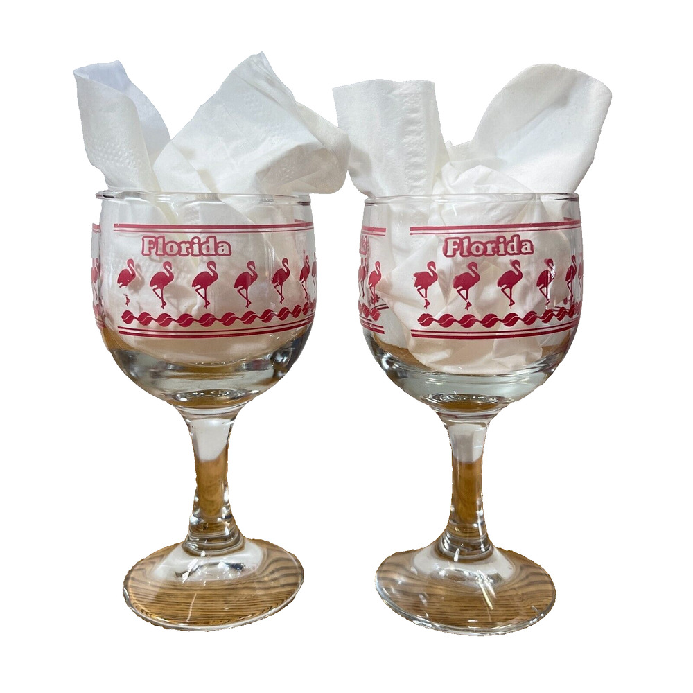 Set of 2 Flamingo Wine Glasses Hand Painted Stem Wear Goblet Spellout Florida 6"